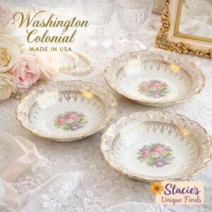 Washington Colonial Floral Gold Trim Dessert Bowls 5” Set of 3 USA Vintage